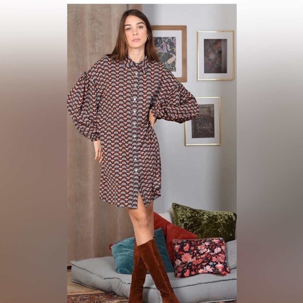 Molly Bracken retro print midi Vintage Look shirt dress Autumn Orange Navy S